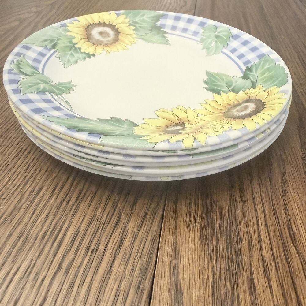 Corelle Sunflower Sensations Gingham 7.25" Bread Salad Plates- Set of 7 VINTAGE